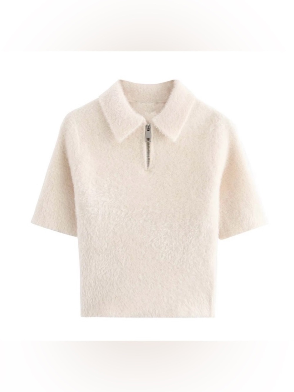 New ZARA Cream Polo Faux Fur Top